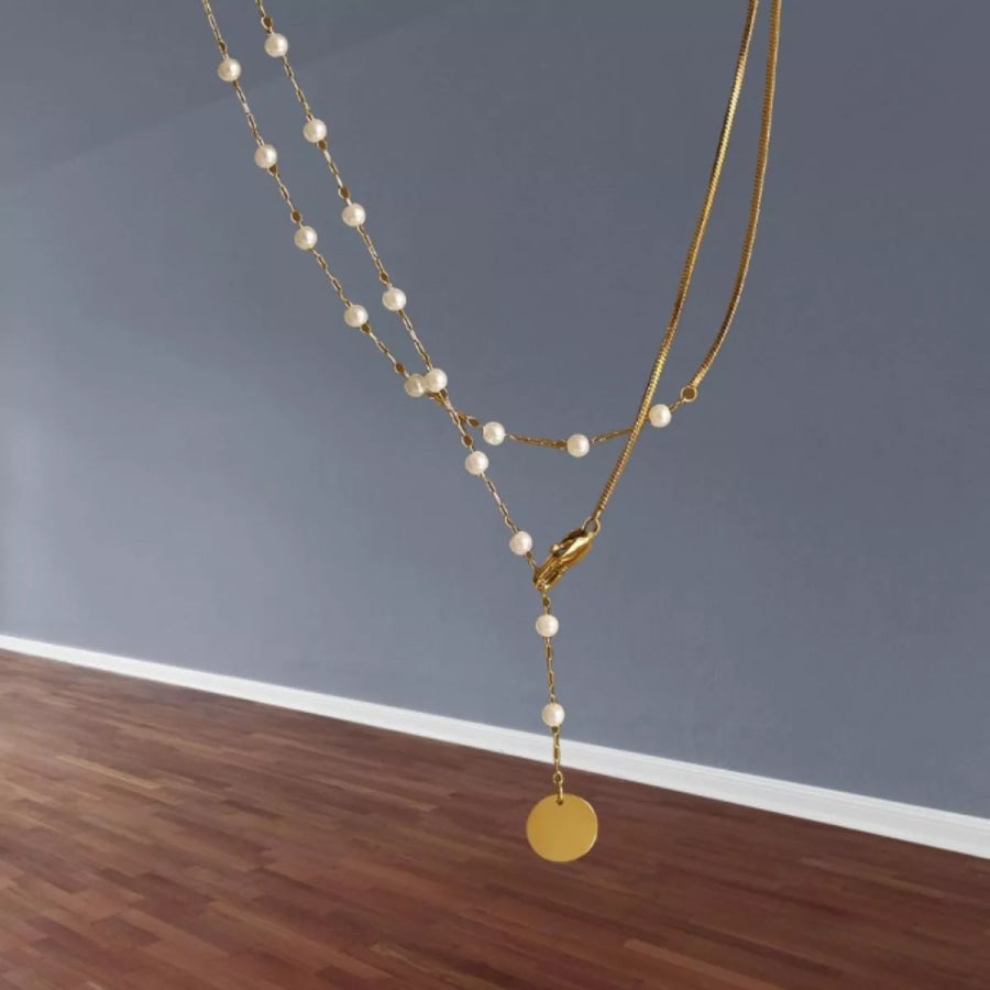 Elegant Gold-Tone Pearl Station Necklace with Coin Pendant Gold / onesize Apparel and Accessories