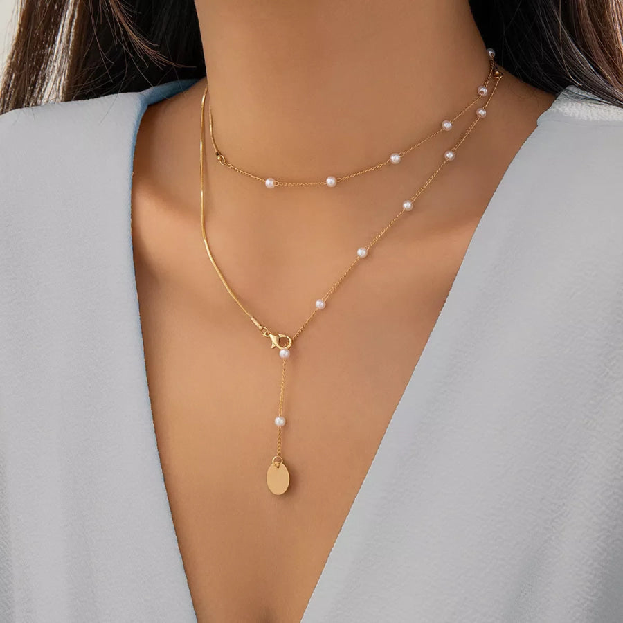 Elegant Gold-Tone Pearl Station Necklace with Coin Pendant Gold / onesize Apparel and Accessories