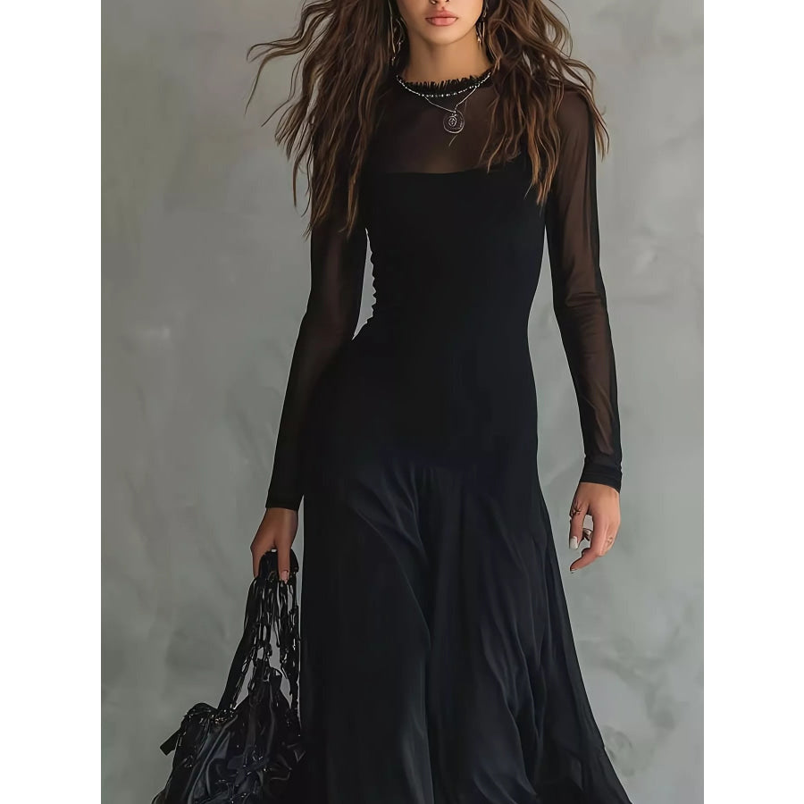 Elegant Gothic Sheer Mesh Long Sleeve Maxi Dress Black / S Apparel and Accessories