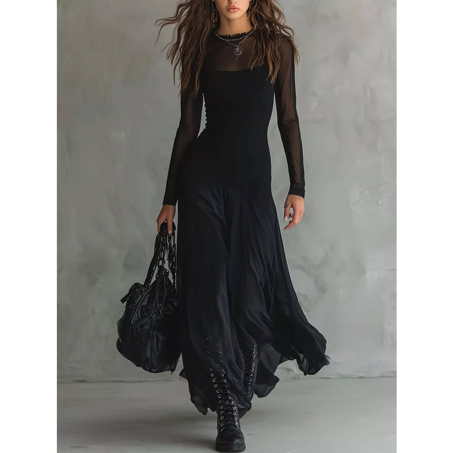 Elegant Gothic Sheer Mesh Long Sleeve Maxi Dress Black / S Apparel and Accessories