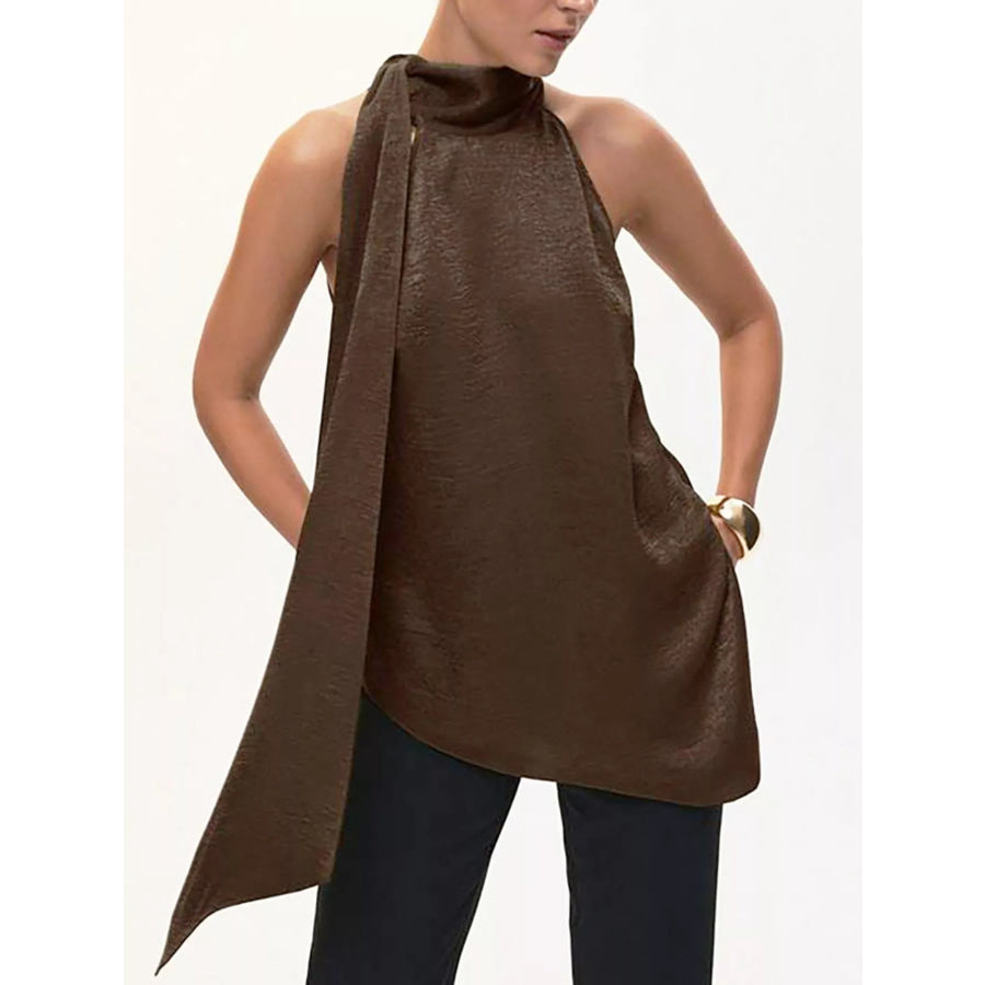 Elegant Halter Neck Asymmetrical Sleeveless Top Brown / S Apparel and Accessories