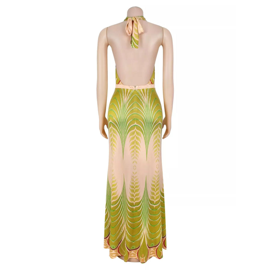Elegant Halter Neck Maxi Dress with Gradient Leaf Print Apparel and Accessories
