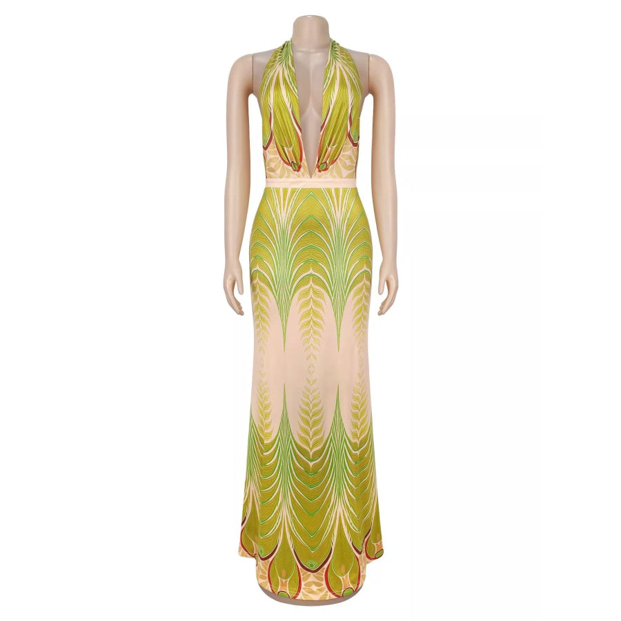Elegant Halter Neck Maxi Dress with Gradient Leaf Print Apparel and Accessories