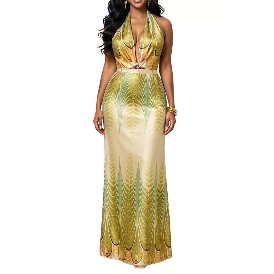 Elegant Halter Neck Maxi Dress with Gradient Leaf Print Apparel and Accessories