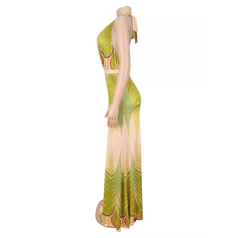 Elegant Halter Neck Maxi Dress with Gradient Leaf Print Apparel and Accessories