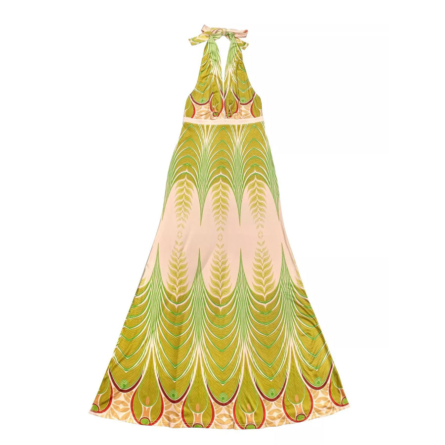 Elegant Halter Neck Maxi Dress with Gradient Leaf Print Apparel and Accessories