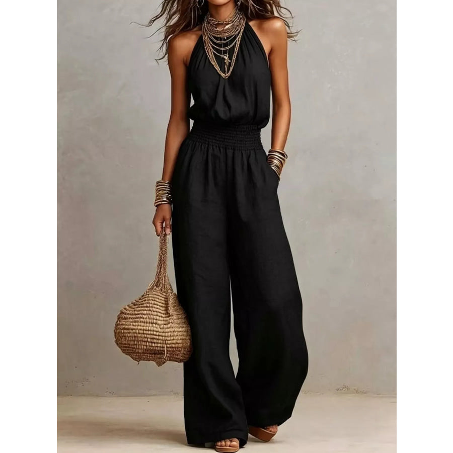 Elegant Halter Neck Wide-Leg Jumpsuit Black / S Apparel and Accessories