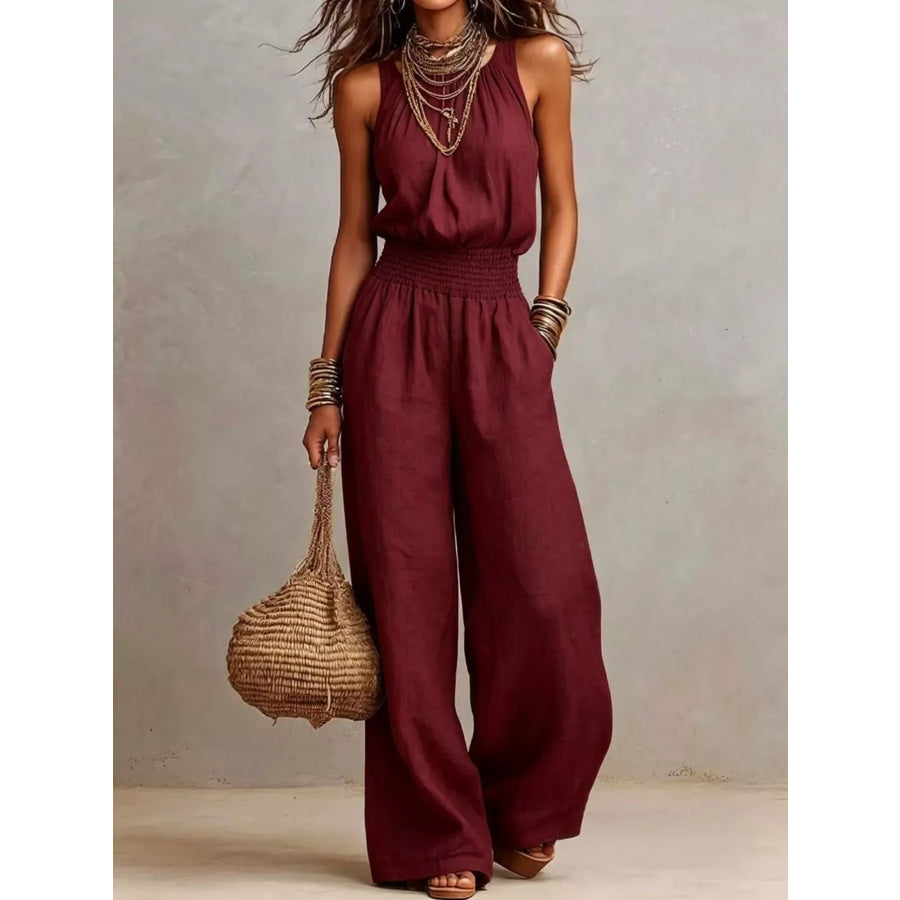 Elegant Halter Neck Wide-Leg Jumpsuit Burgundy / S Apparel and Accessories