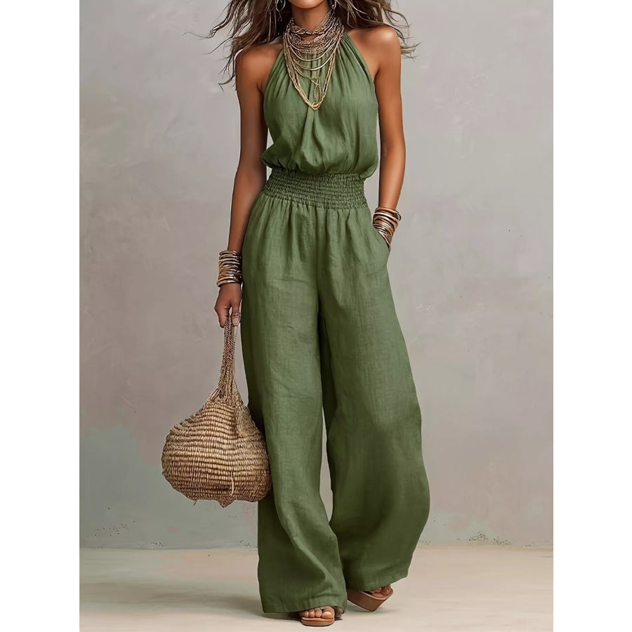Elegant Halter Neck Wide-Leg Jumpsuit Green / S Apparel and Accessories