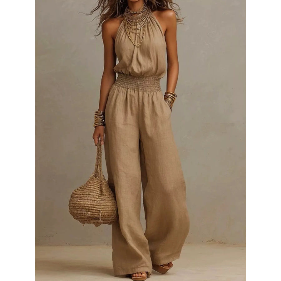 Elegant Halter Neck Wide-Leg Jumpsuit Light Brown / S Apparel and Accessories