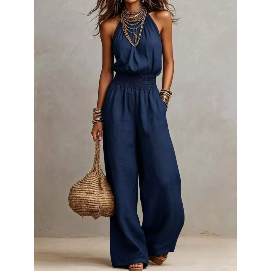 Elegant Halter Neck Wide-Leg Jumpsuit Navy Blue / S Apparel and Accessories
