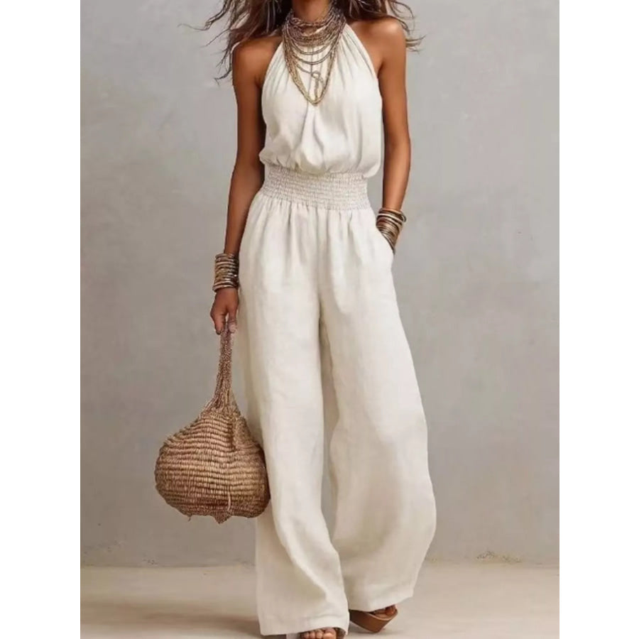 Elegant Halter Neck Wide-Leg Jumpsuit White / S Apparel and Accessories