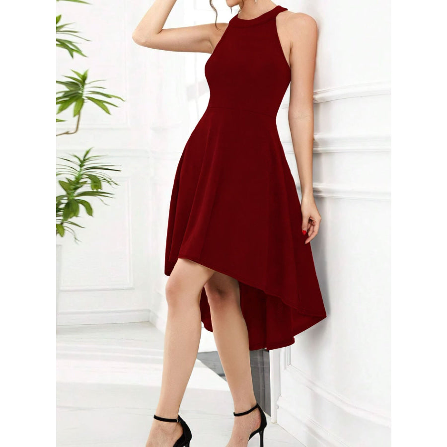 Elegant High-Low Hem Sleeveless Dress Burgundy / S Apparel and Accessories