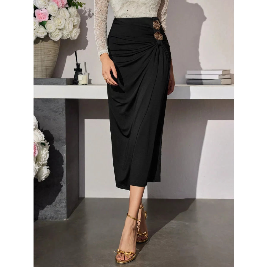 Elegant High-Waisted Ruched Midi Skirt with Decorative Buttons Black / S Apparel and Accessories