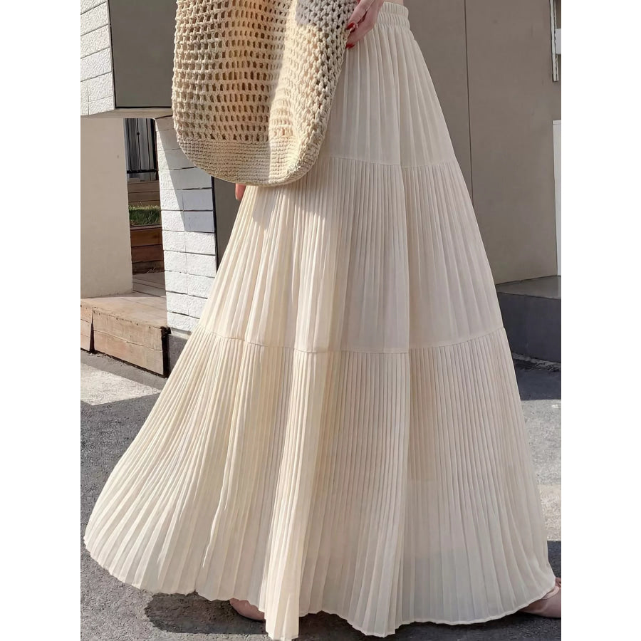 Elegant High-Waisted Tiered Pleated Maxi Skirt Light Beige-Tall / S Apparel and Accessories