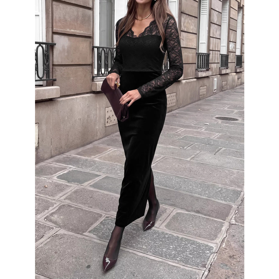 Elegant Lace and Velvet Midi Dress Apparel and Accessories