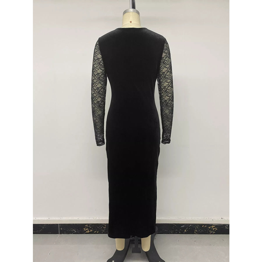 Elegant Lace and Velvet Midi Dress Apparel and Accessories
