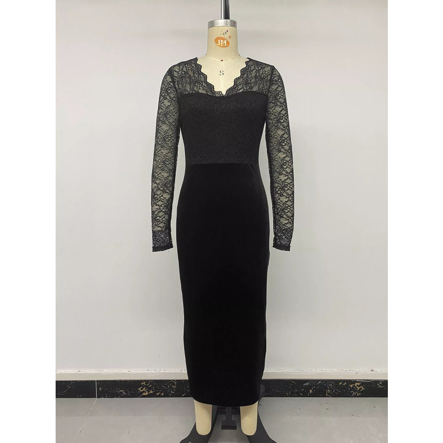 Elegant Lace and Velvet Midi Dress Apparel and Accessories