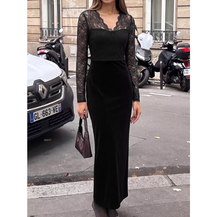 Elegant Lace and Velvet Midi Dress Apparel and Accessories