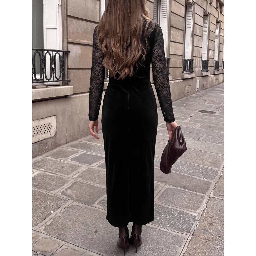 Elegant Lace and Velvet Midi Dress Apparel and Accessories