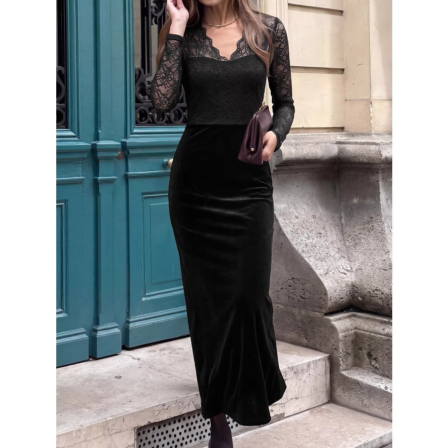 Elegant Lace and Velvet Midi Dress Apparel and Accessories