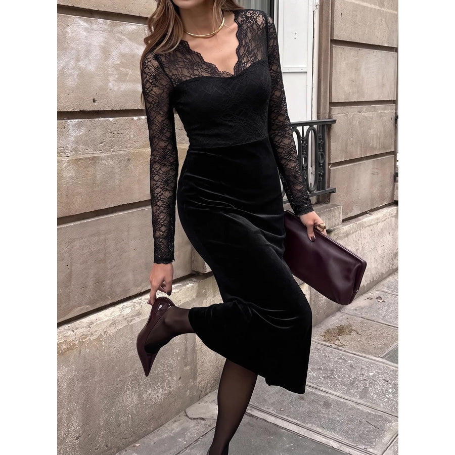 Elegant Lace and Velvet Midi Dress Black / S Apparel and Accessories