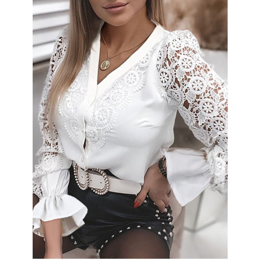 Elegant Lace Detail Long Sleeve Button Down Shirt Apparel and Accessories
