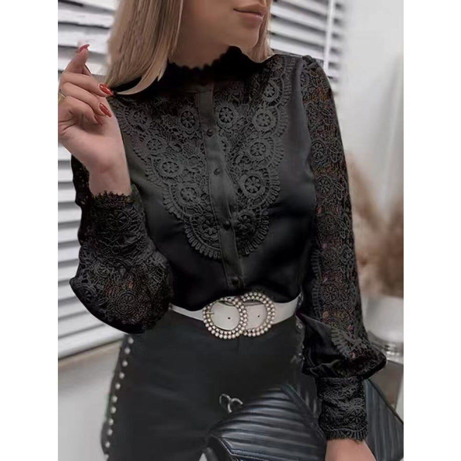 Elegant Lace Detail Long Sleeve Button Down Shirt Apparel and Accessories