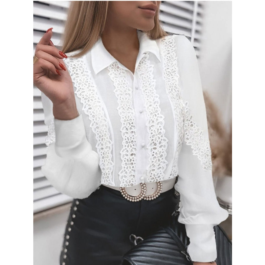 Elegant Lace Detail Long Sleeve Button Down Shirt Apparel and Accessories