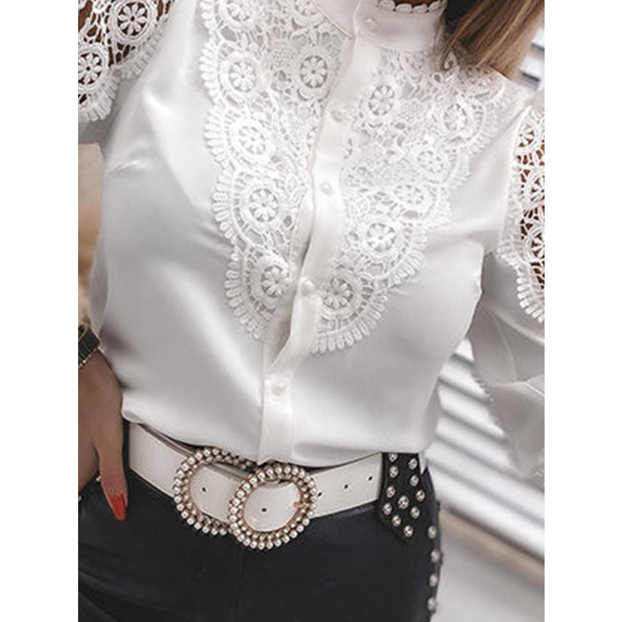 Elegant Lace Detail Long Sleeve Button Down Shirt Apparel and Accessories