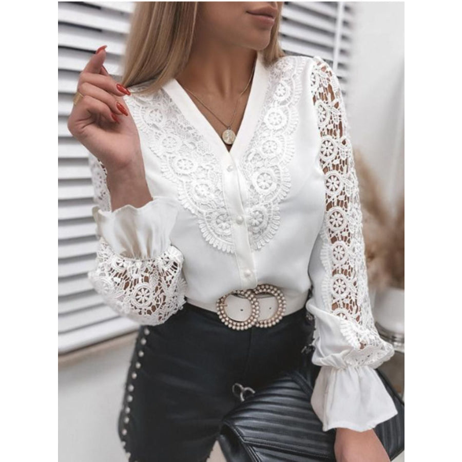 Elegant Lace Detail Long Sleeve Button Down Shirt Lace / S Apparel and Accessories