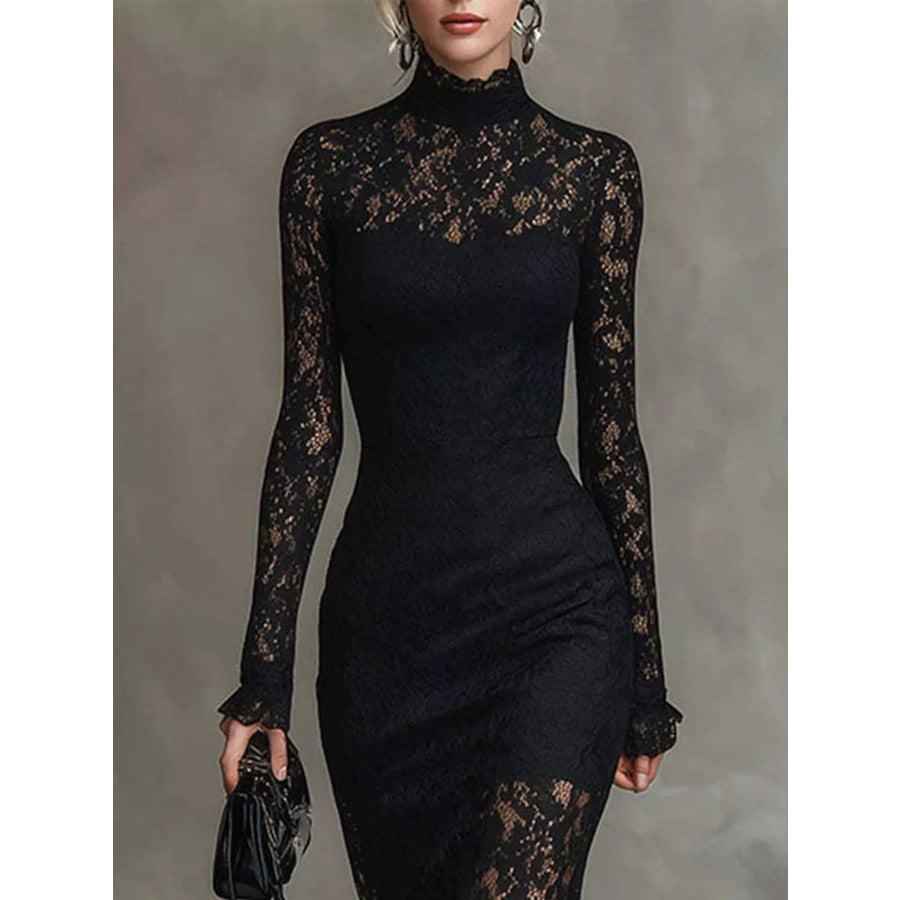 Elegant Lace Mock Neck Mermaid Midi Dress Black / S Apparel and Accessories