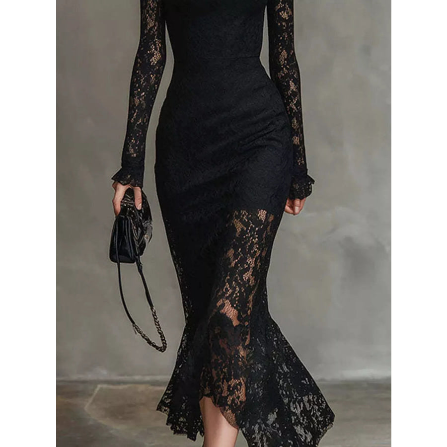Elegant Lace Mock Neck Mermaid Midi Dress Apparel and Accessories