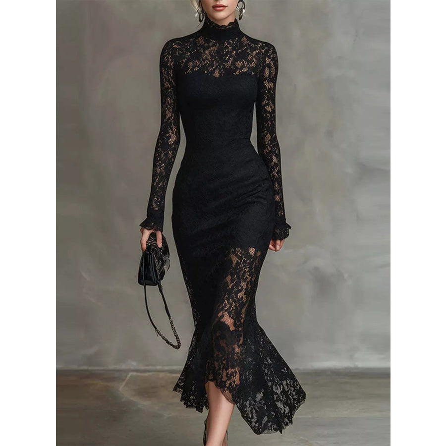 Elegant Lace Mock Neck Mermaid Midi Dress Black / S Apparel and Accessories