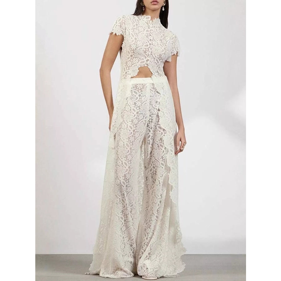 Elegant Lace Short Sleeve Top and Pants Set Apparel Accessories