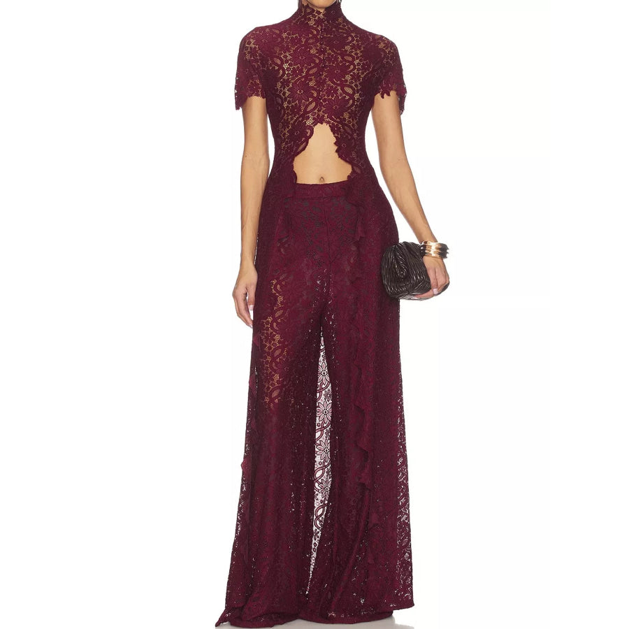 Elegant Lace Short Sleeve Top and Pants Set Apparel Accessories