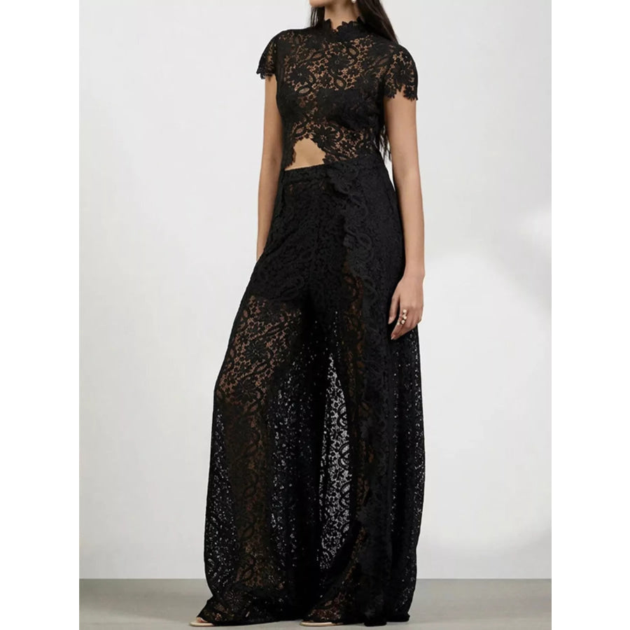 Elegant Lace Short Sleeve Top and Pants Set Black-Set / S Apparel Accessories
