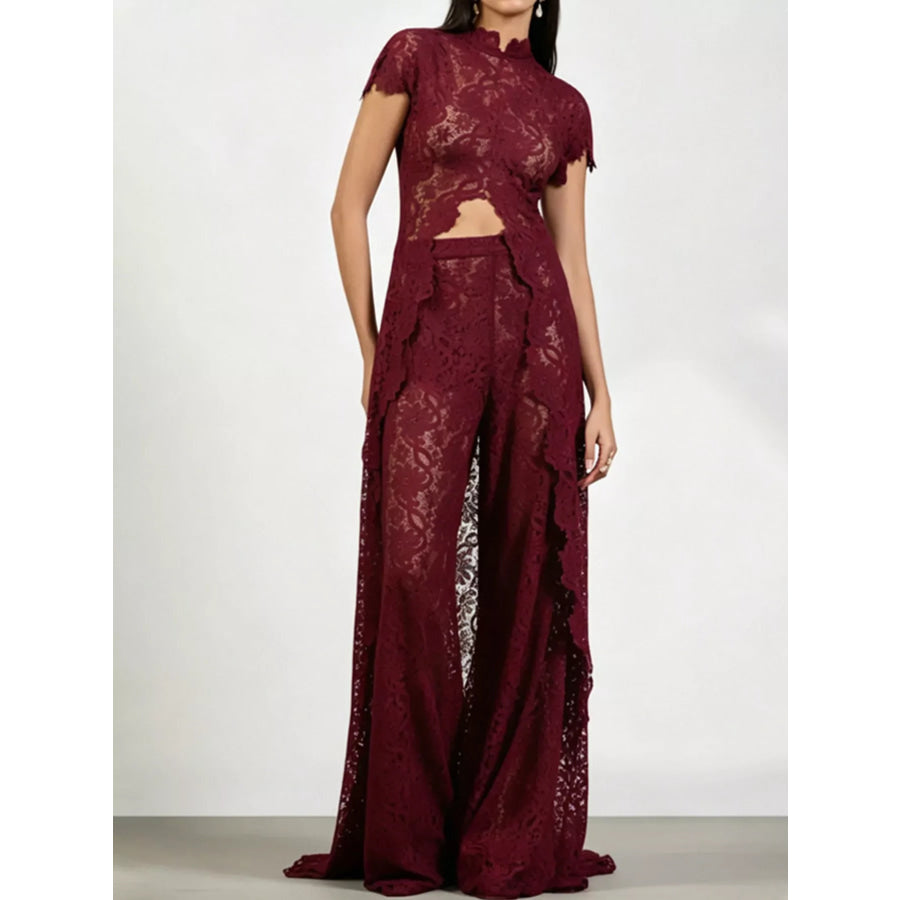 Elegant Lace Short Sleeve Top and Pants Set Red-Set / S Apparel Accessories
