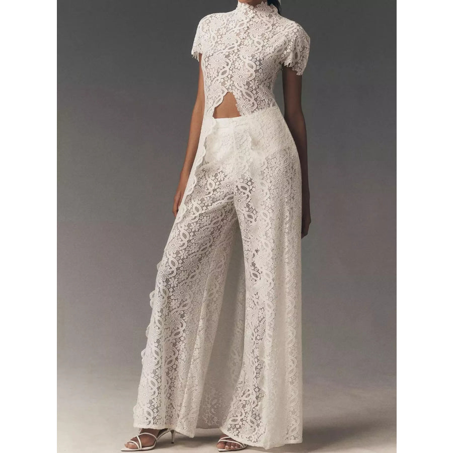 Elegant Lace Short Sleeve Top and Pants Set White-Set / S Apparel Accessories
