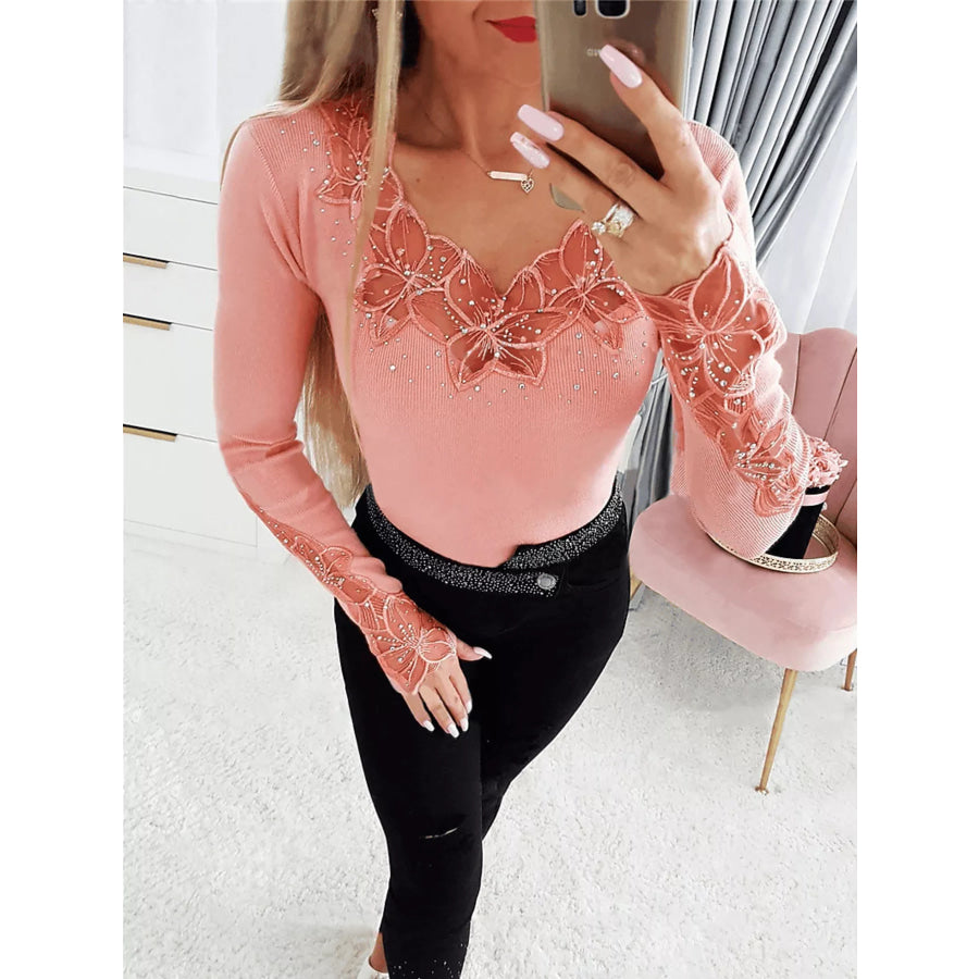 Elegant Lace Trim Long Sleeve Top Apparel and Accessories