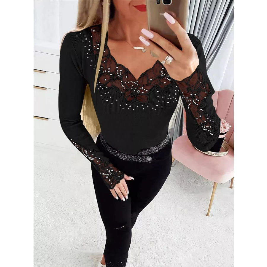 Elegant Lace Trim Long Sleeve Top Black / S Apparel and Accessories
