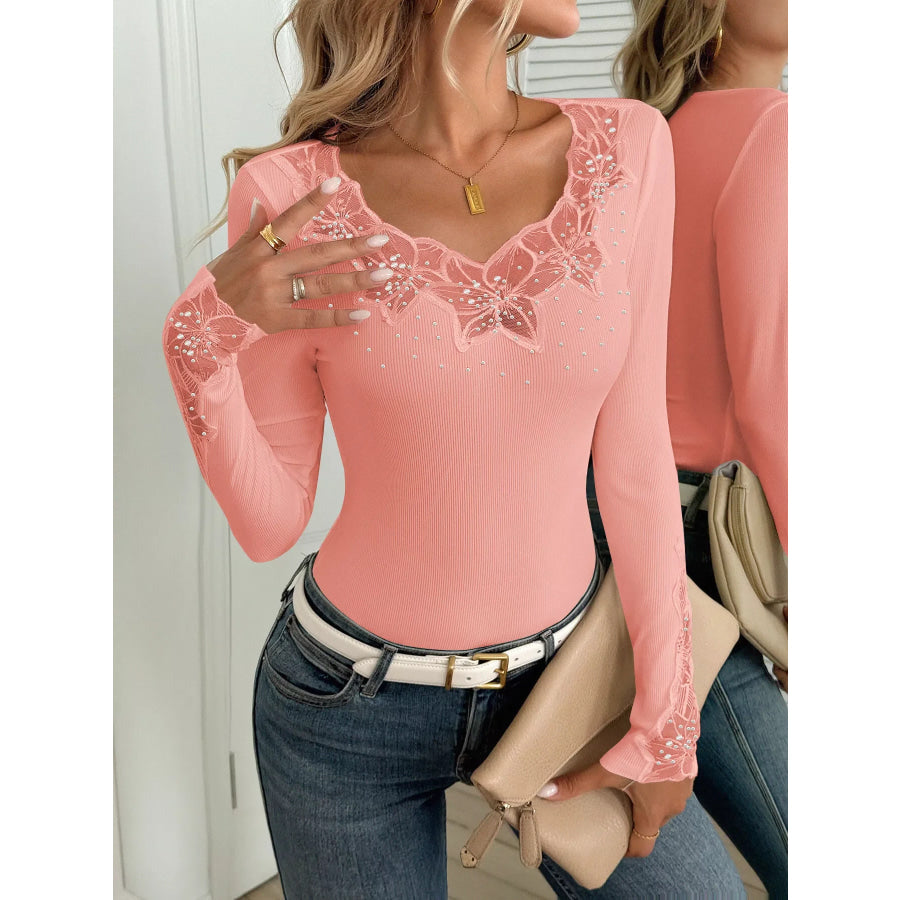 Elegant Lace Trim Long Sleeve Top Pale Blush / S Apparel and Accessories