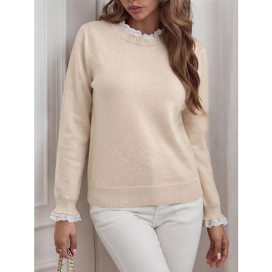 Elegant Lace Trim Round Neck Sweater Apparel and Accessories