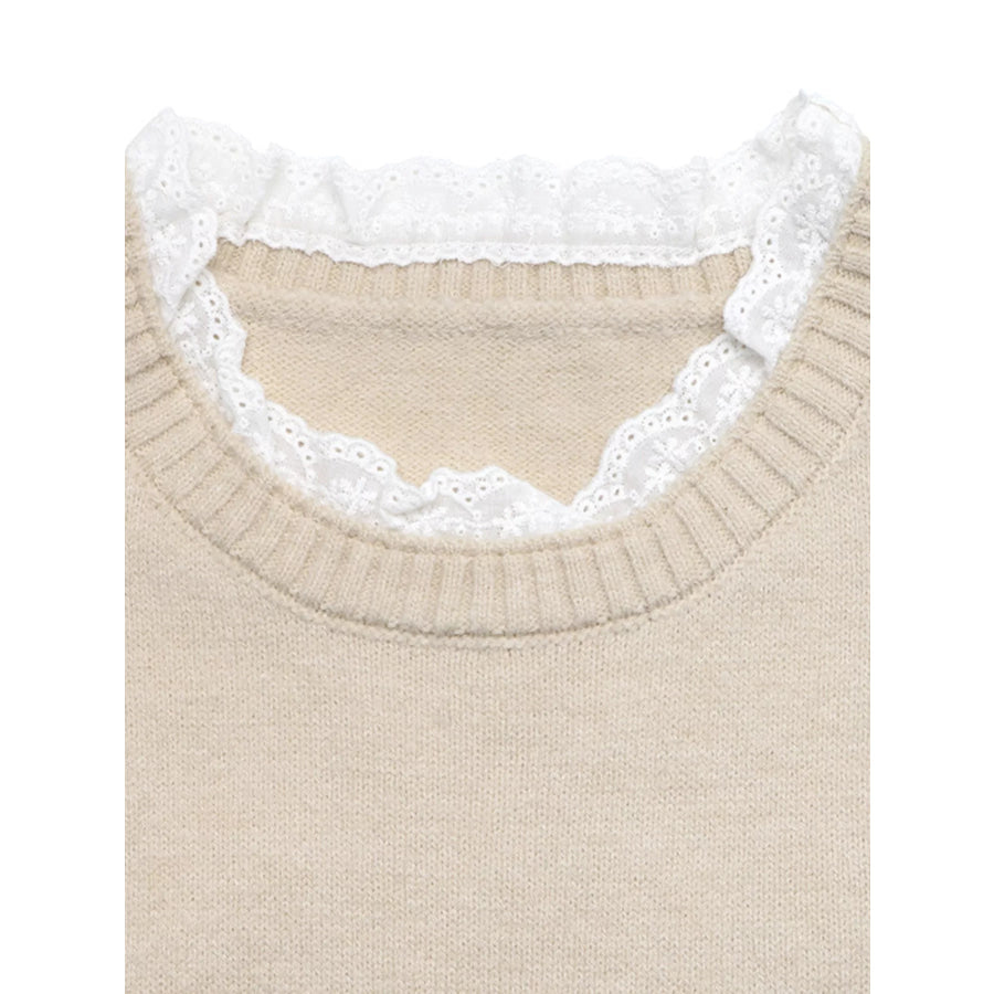 Elegant Lace Trim Round Neck Sweater Apparel and Accessories