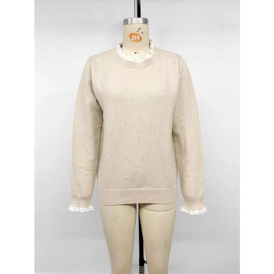 Elegant Lace Trim Round Neck Sweater Apparel and Accessories