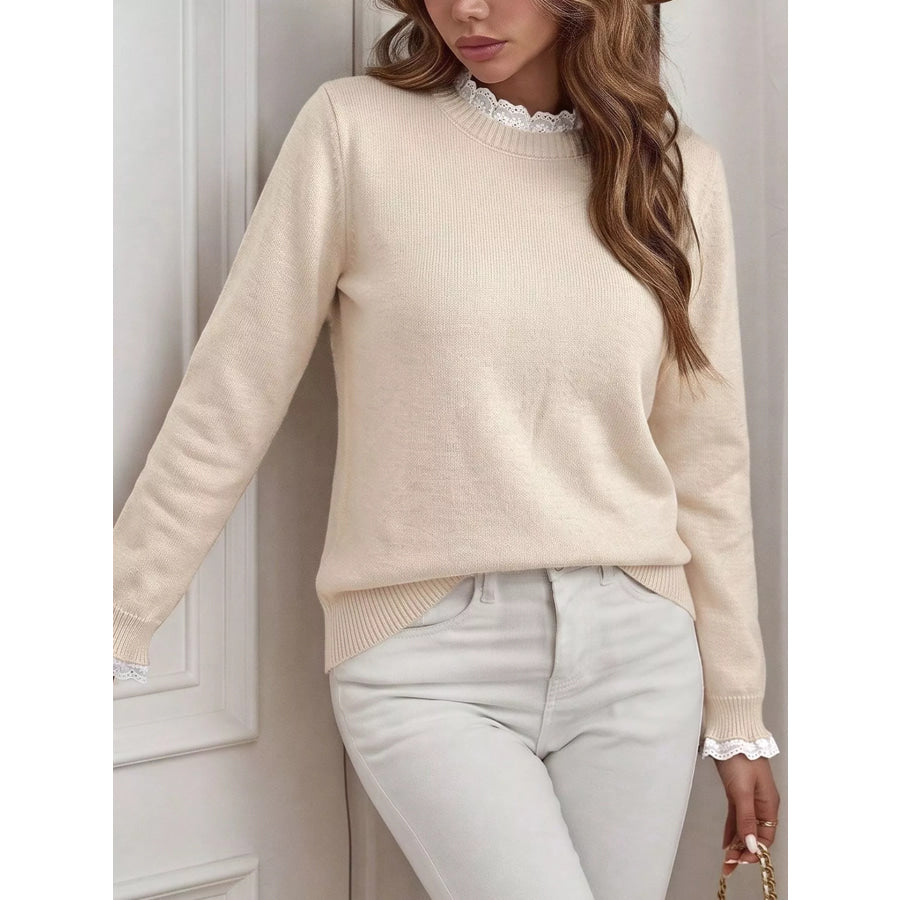 Elegant Lace Trim Round Neck Sweater Apparel and Accessories