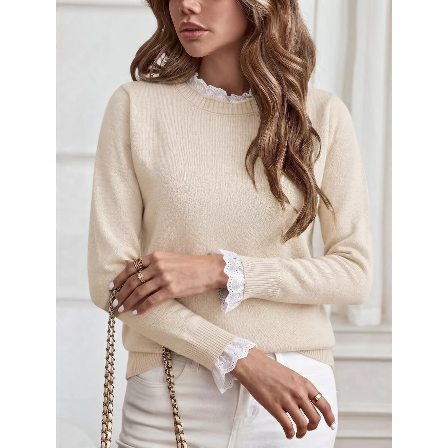 Elegant Lace Trim Round Neck Sweater Apparel and Accessories