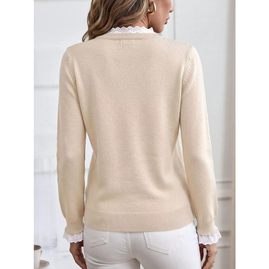 Elegant Lace Trim Round Neck Sweater Apparel and Accessories
