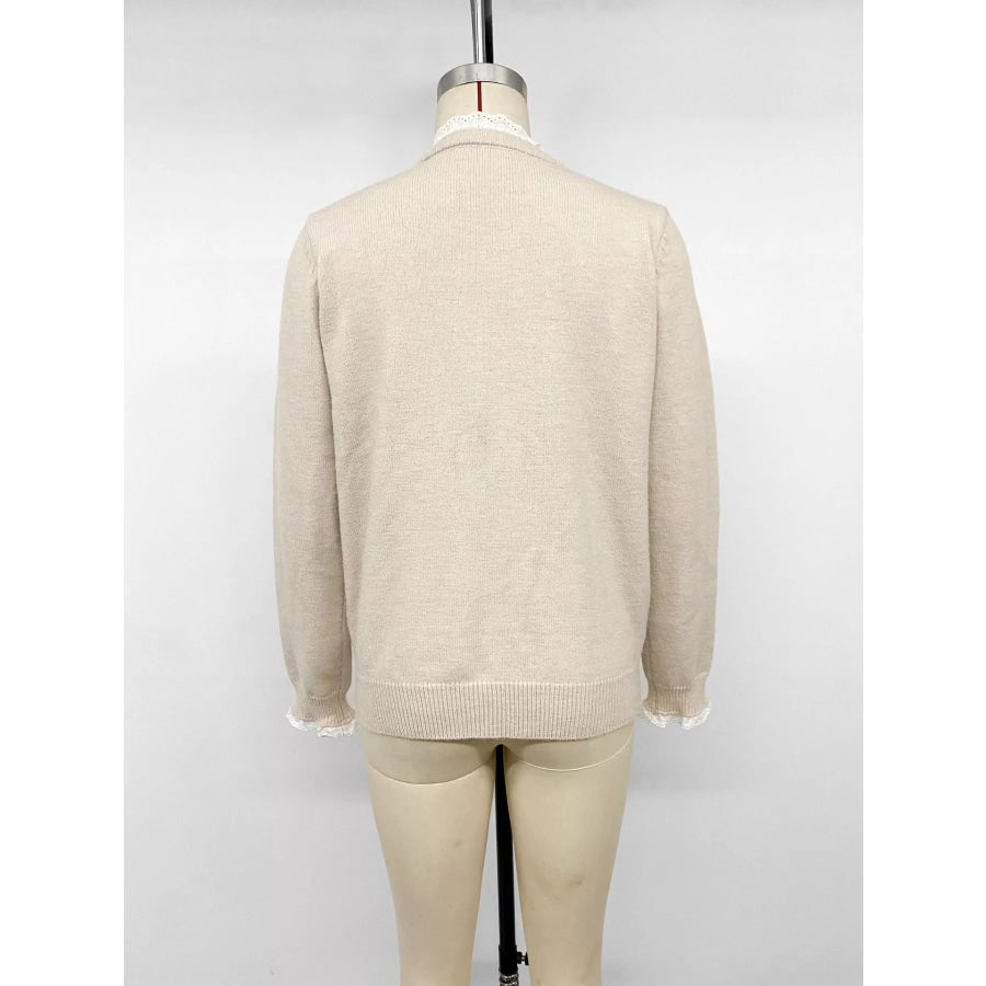 Elegant Lace Trim Round Neck Sweater Apparel and Accessories