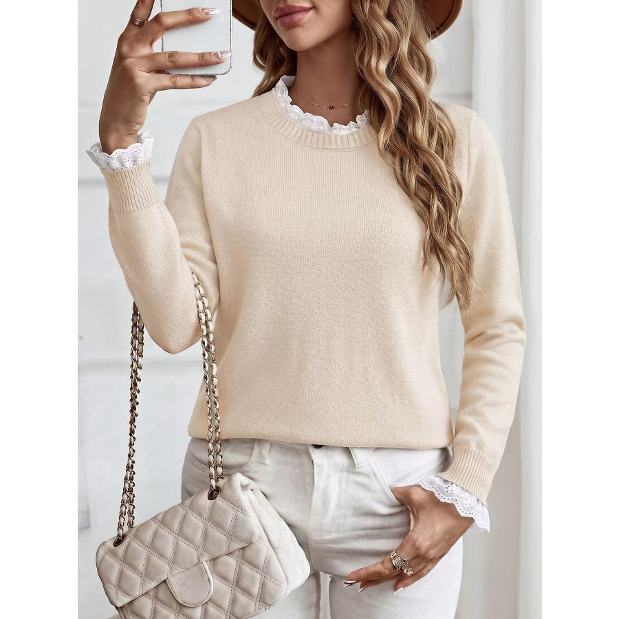 Elegant Lace Trim Round Neck Sweater Apparel and Accessories